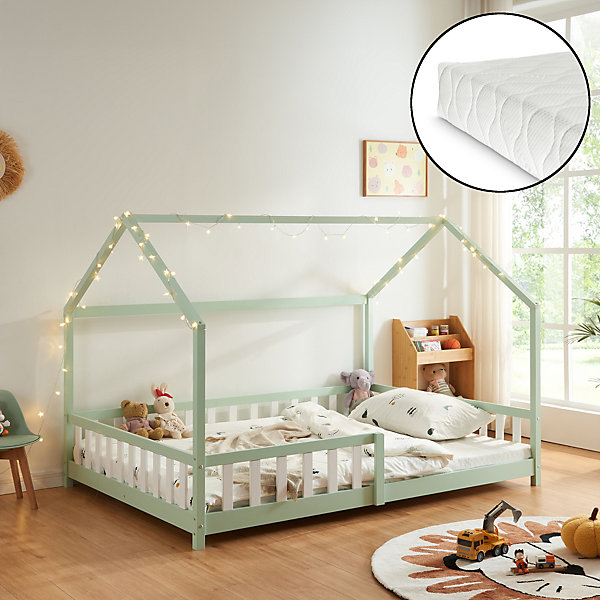 Lit cabane Hesel avec matelas à mousse froid 140 x 200 cm vert menthe en.casa