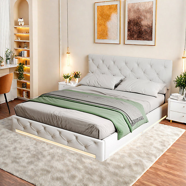 Lit coffre 140x200 cm en tissu beige avec LED RGB, tête de lit capitonnée réglable et grand espace de rangement hydraulique