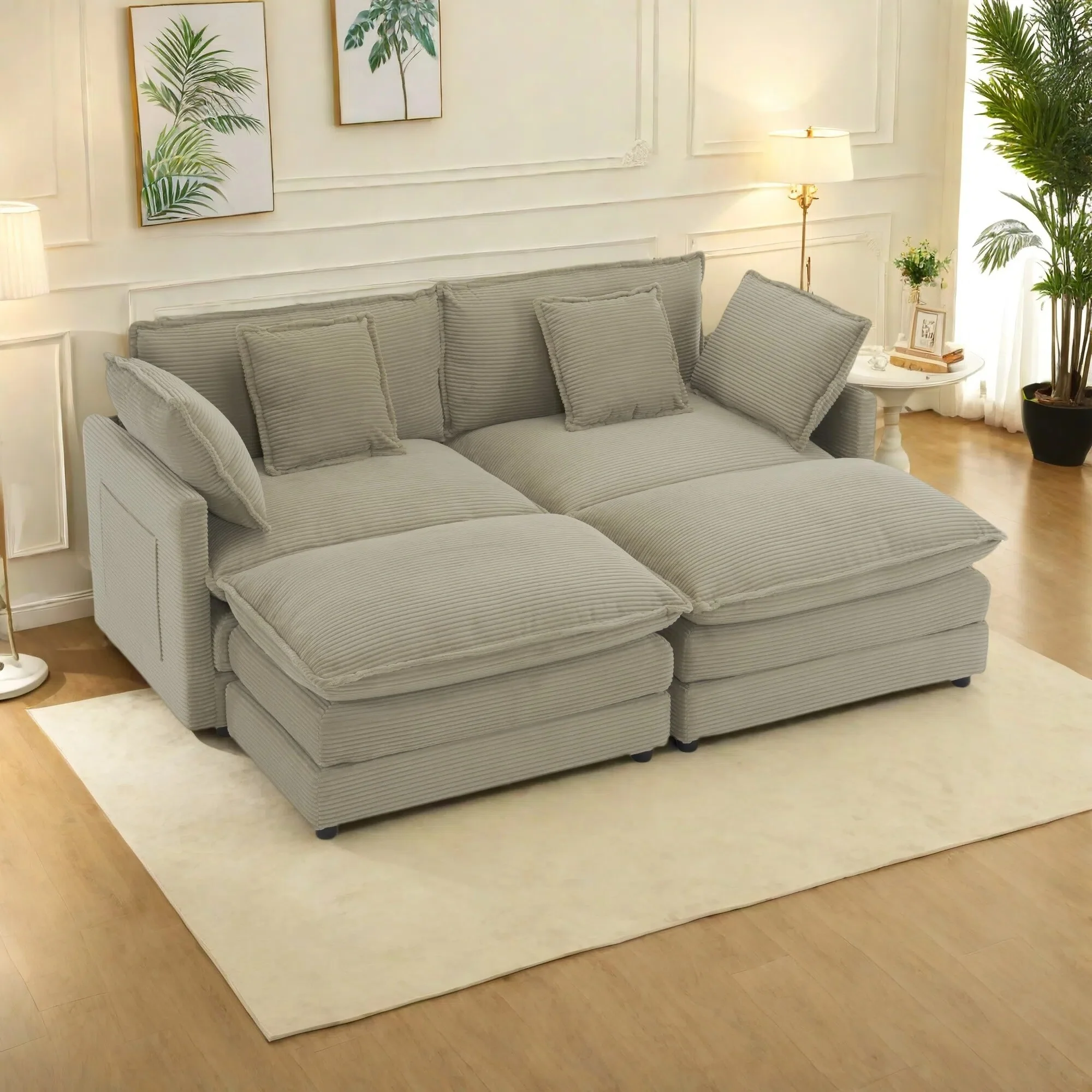 75.6 Corduroy Upholstered Modular Sleeper Sectional Sofa with Side Storage Pockets