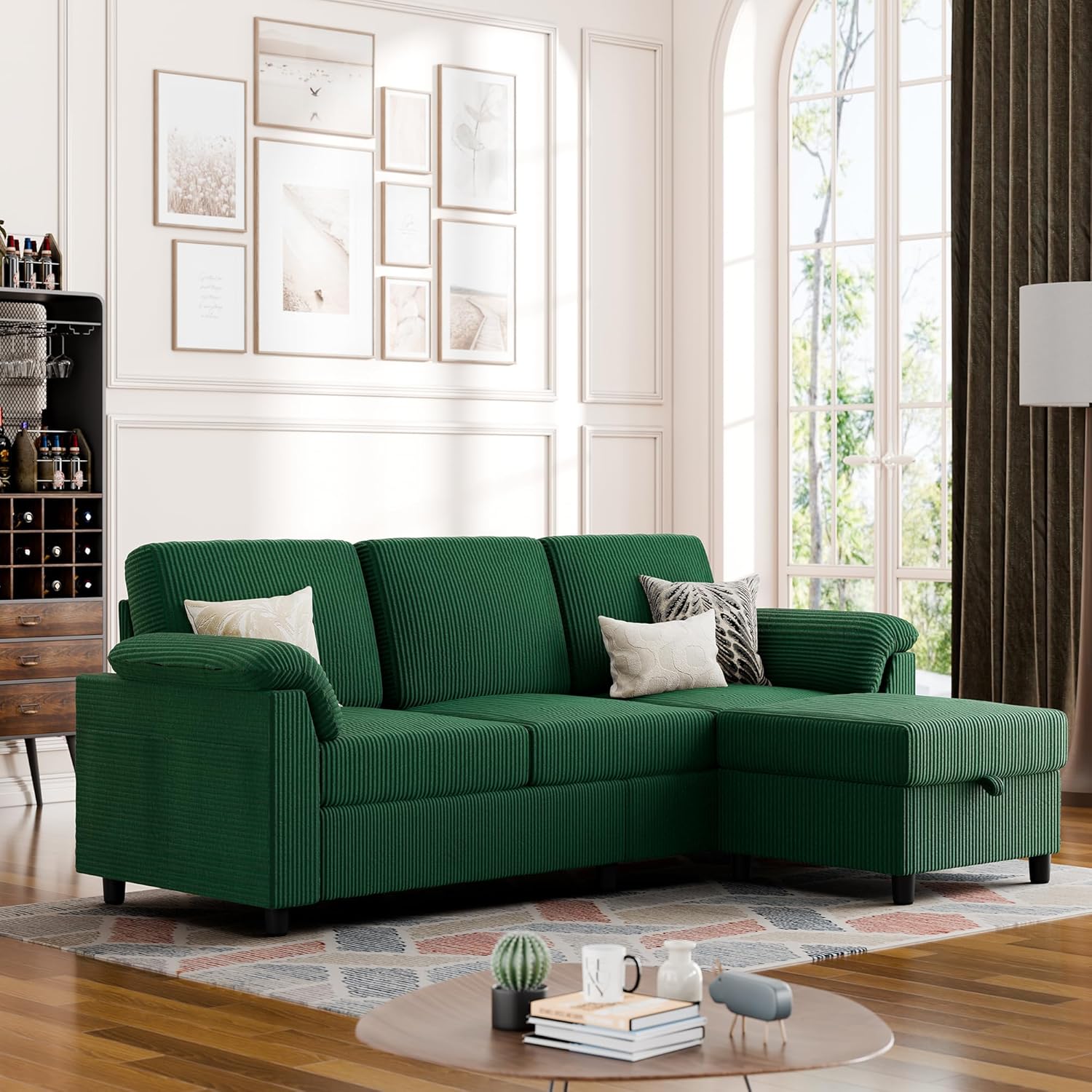 Vongrasig Convertible Sectional Couch, 3 Seat L Shaped Sofa with Removable Pillows Linen Fabric Small Modern Couch Mid Century for Living Room, Apartment and Office, Green