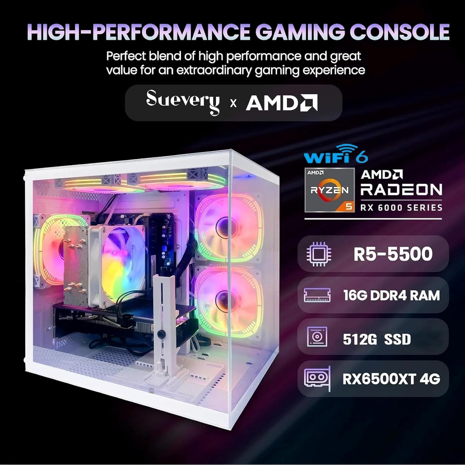 Pre Built Gaming PC Ryzen 5 5500 3.6GHz (6Core 12Threads Up to 4.2G) Radeon RX6500XT 4G DDR4 16G Nvme 512G SSD WiFi 6 Tower Desktop Computer for Home and Office