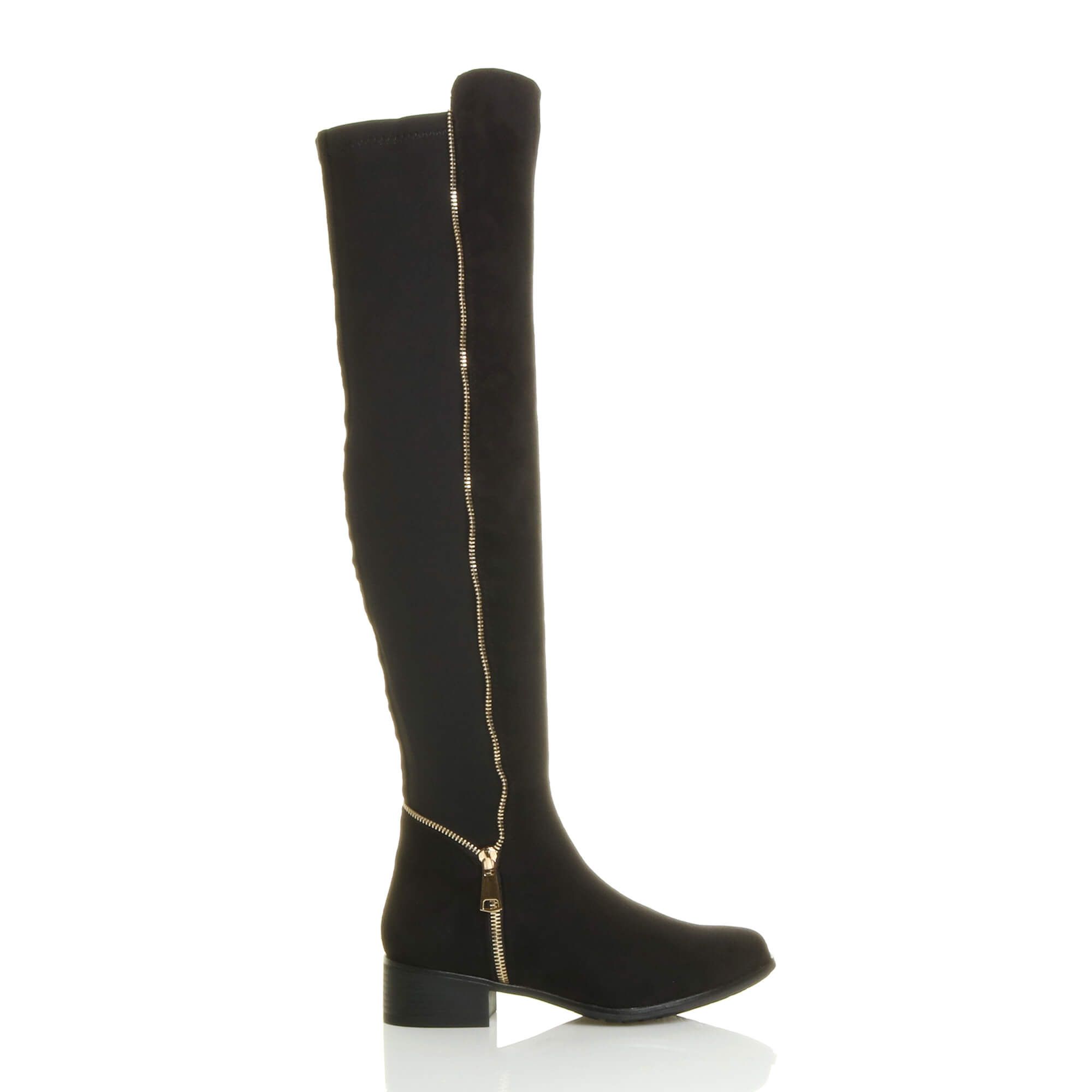 AJVANI Low Heel Elastic Gold Zip Faux Suede Knee High Boots