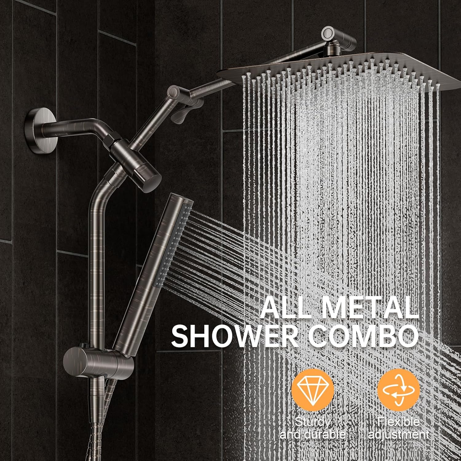Veken All Metal 10 Oil Rubbed Bronze Shower Head with Handheld, Luxurious Square Double Rain Shower Heads with Power-wash Hand Held, Dual High Pressure Detachable Rainfall Showerhead,Bathroom Upgrade