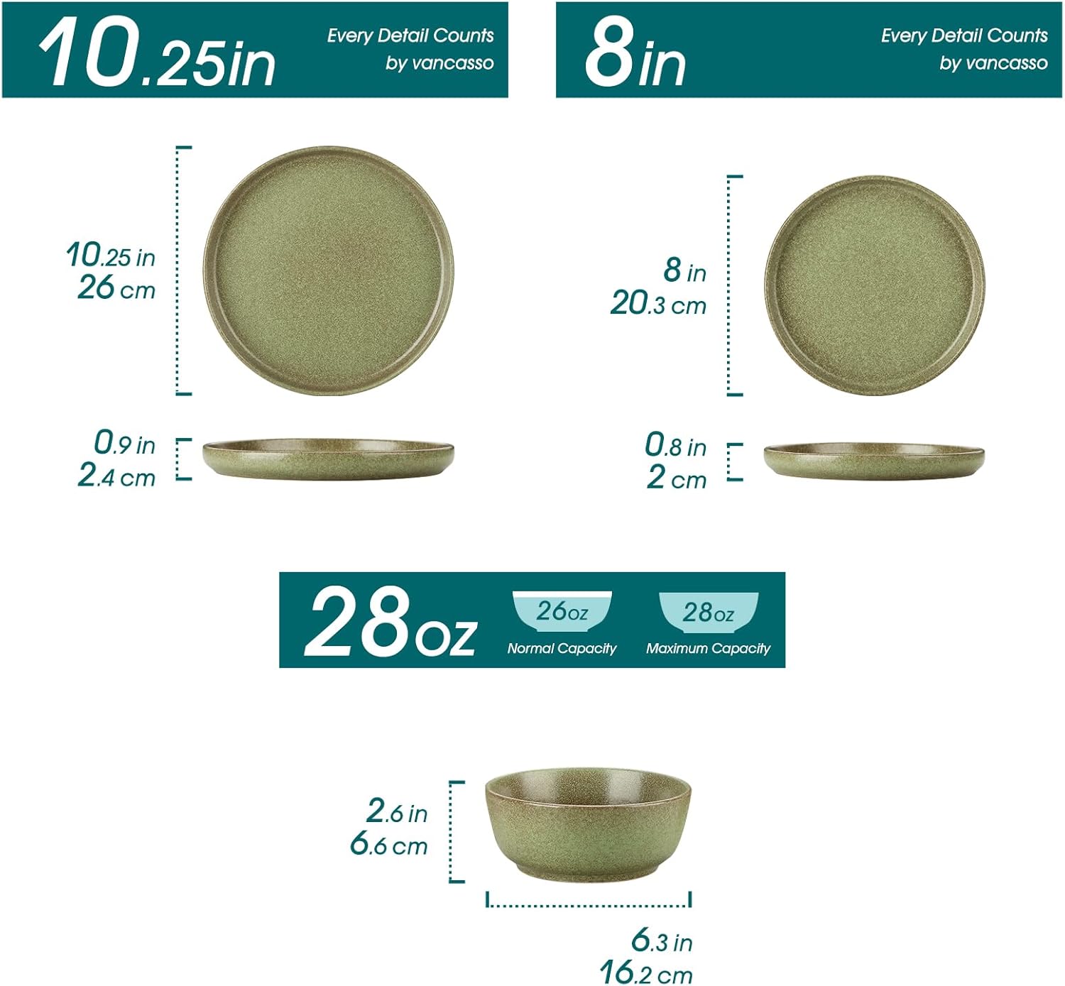 vancasso Plates and Bowls Sets, 18 Pieces Modern Ceramic Dinnerware Set for 6, Dish Set for Kitchen, Dinner Set Stoneware Dishware Set Microwave and Dishwasher Safe, Green, Series ZERMATT