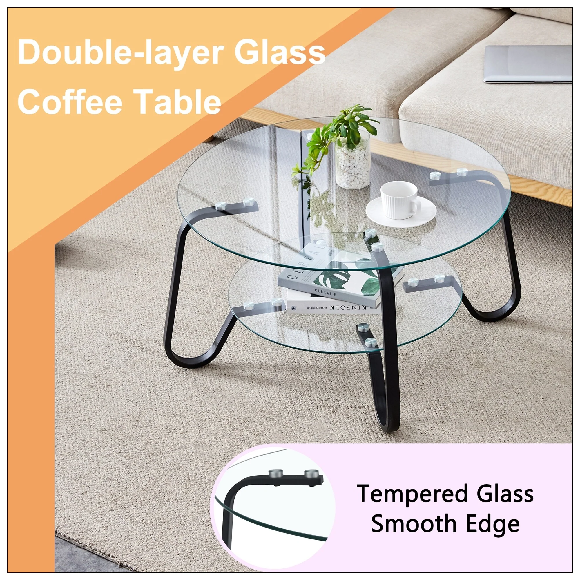 Retro minimalist style metal frame double-layer tempered glass coffee table