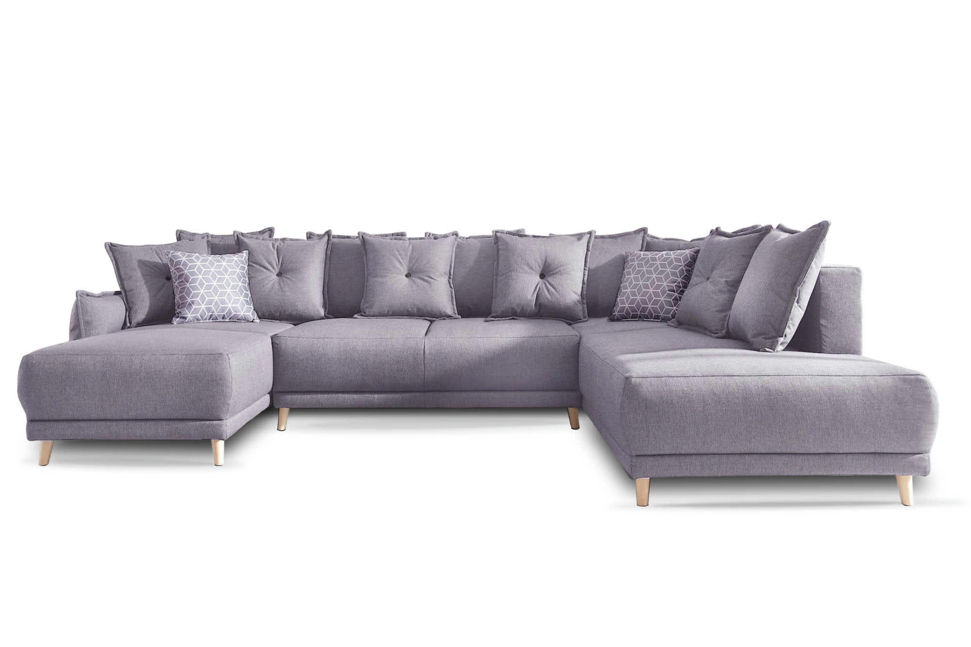 LENA - Canapé panoramique 7 places angle droit en tissu gris clair