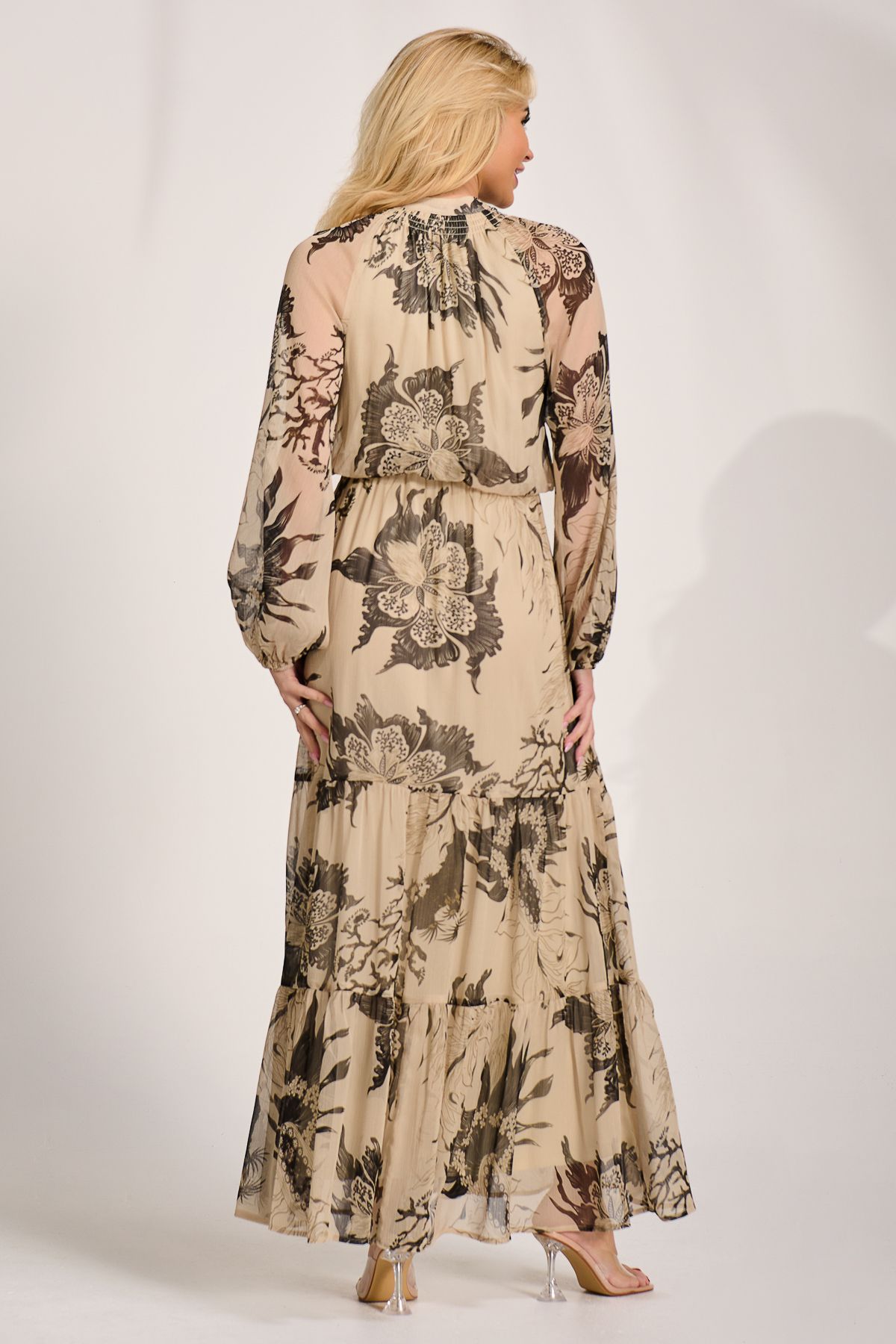 Jolie Moi Long Sleeve Tie Neck Maxi Dress