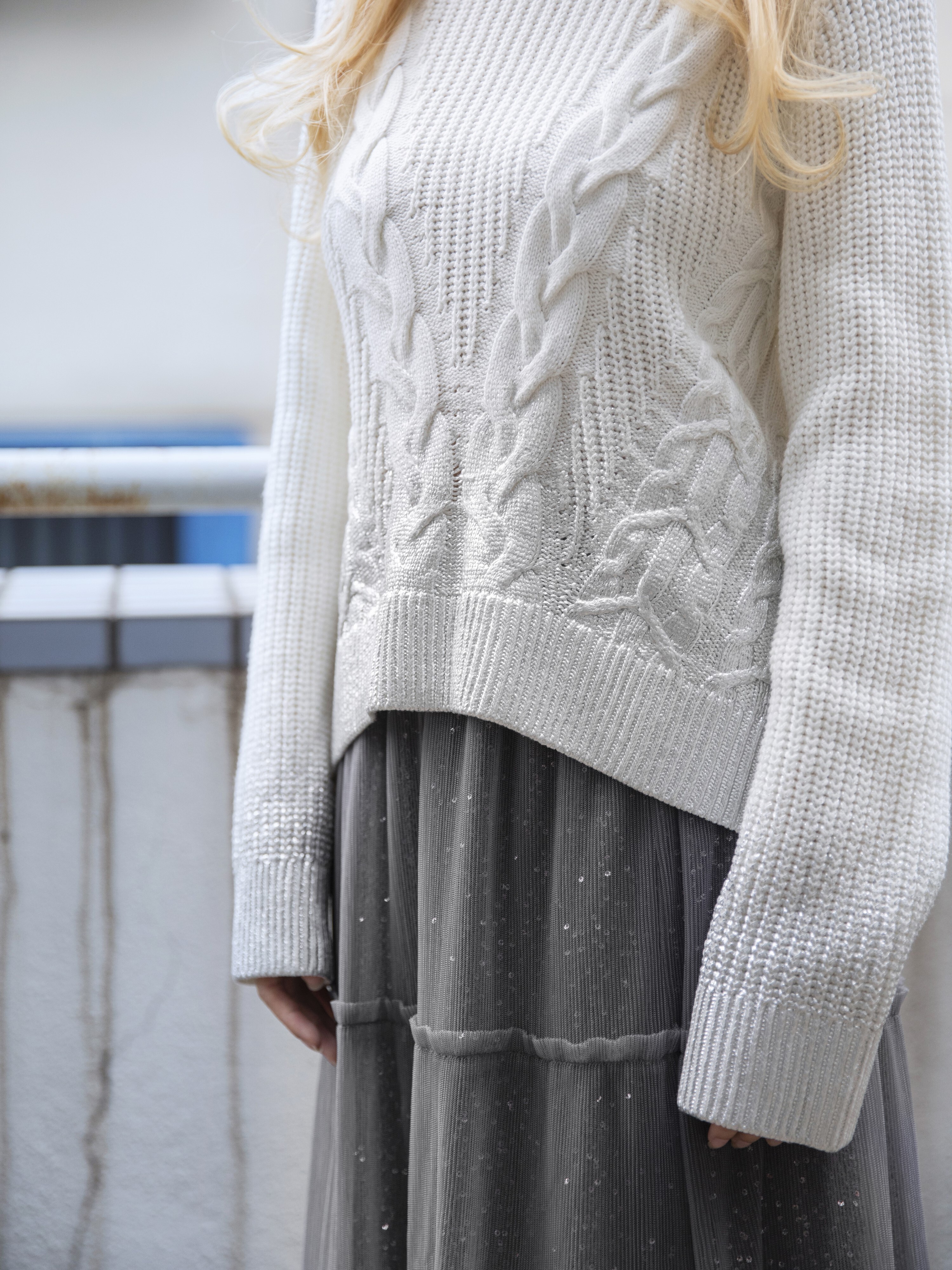 Metallic foil print cable -knit sweater - 25WRT237X