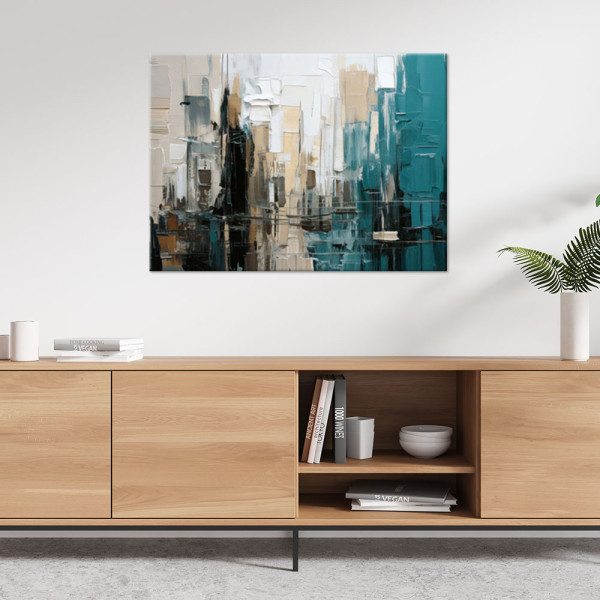 Feeby Obraz do salonu nowoczesny, Miasto abstrakcja turkusowy beżowy 60x40