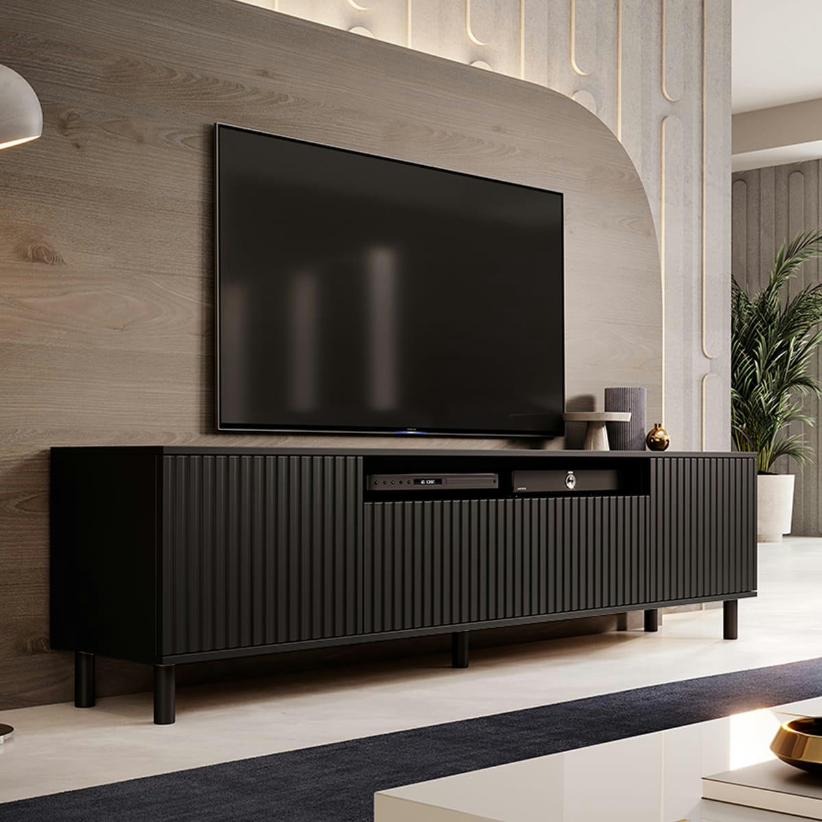 - Meuble TV 3 portes 200 cm stratifiés, métal noir