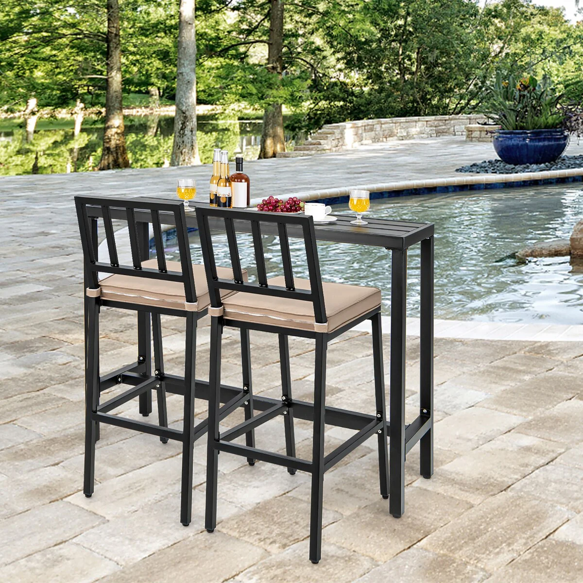 Costway 3PCS Outdoor Metal Bar Table & Chairs Set Patio Dining Table