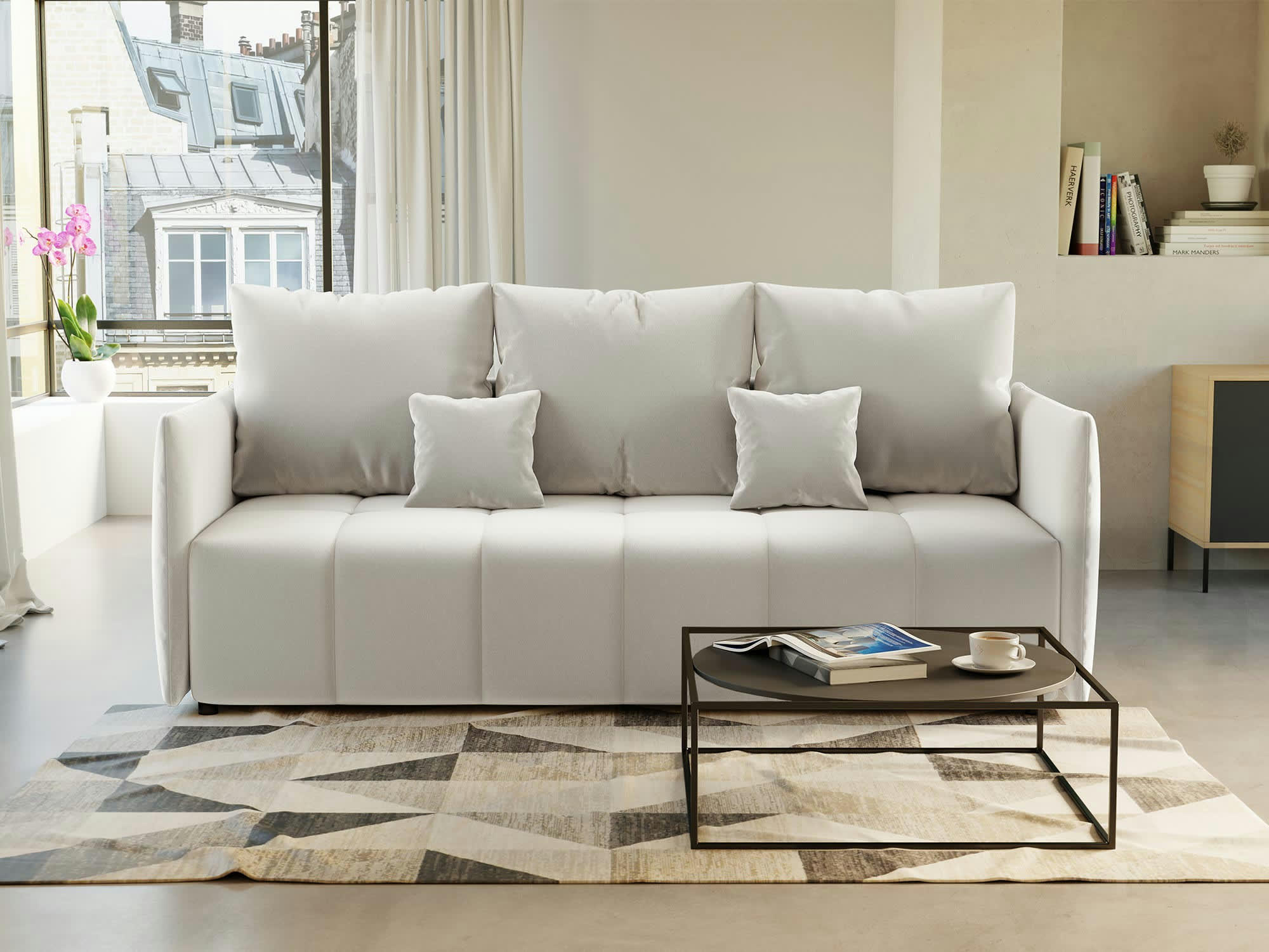 PETRA - Canapé droit convertible 3 places en velours beige