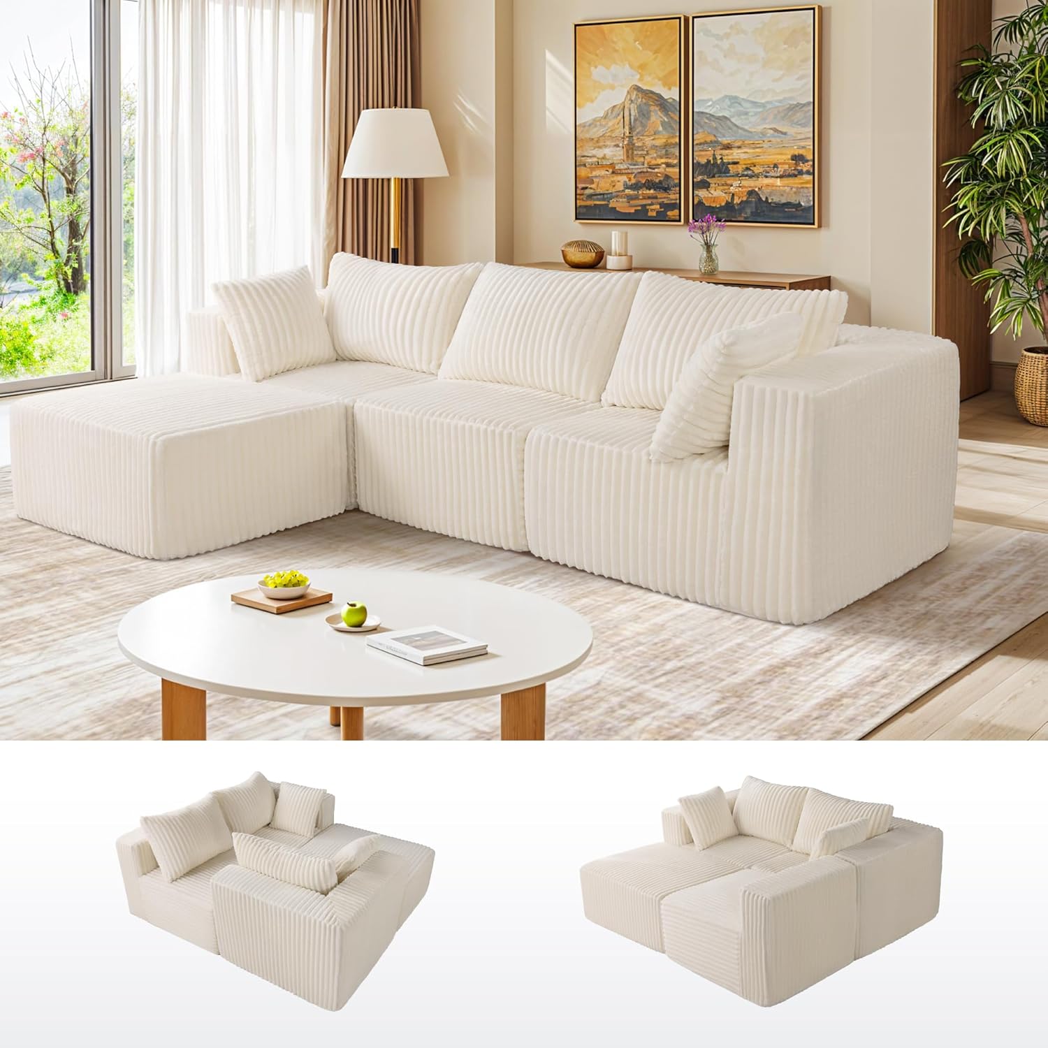 Modular Sectional Sofa, Cloud Couch with Extra-Wide Deep Seats, No-Assembly Plush Corduroy Sleeper Sofa for Living Room or Apartment (Light Cream, L-Shaped:3+1)