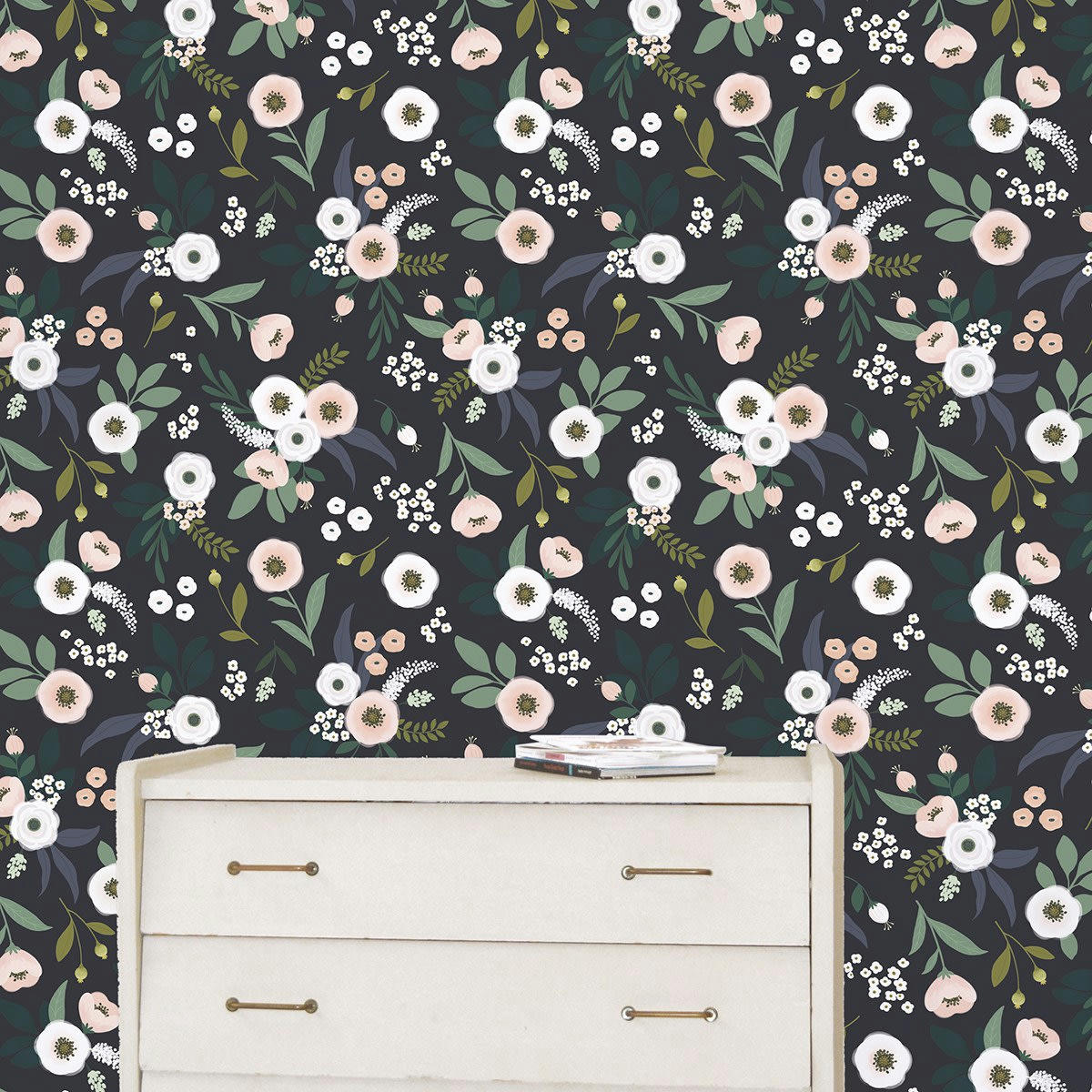 WONDERLAND - Papier peint floral en Papier Bleu marine 50cm x 10m