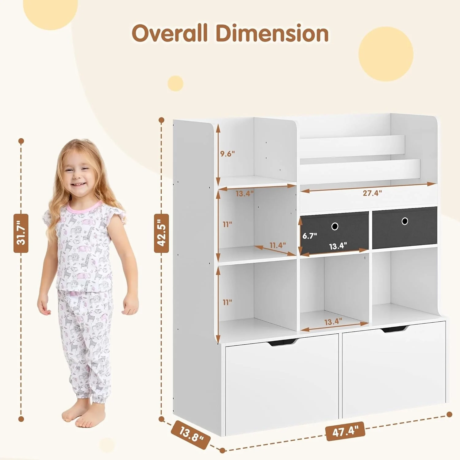 Kids Bookshelf with Drawers Modern Bookcase with Cubbies Floor Storage Cabinet