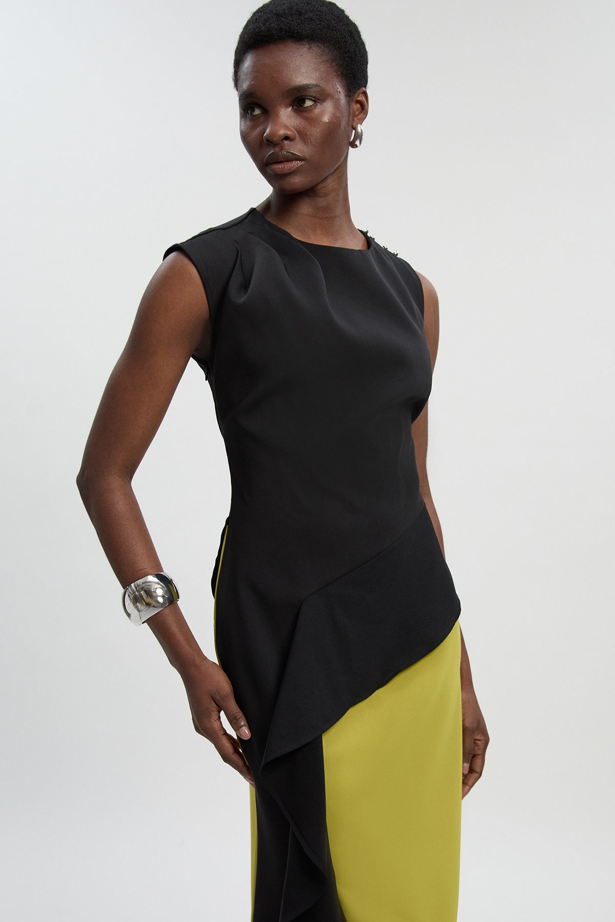 KarenMillen Soft Tailored Asymmetric Neck Draped Waist Detail Midi Dress