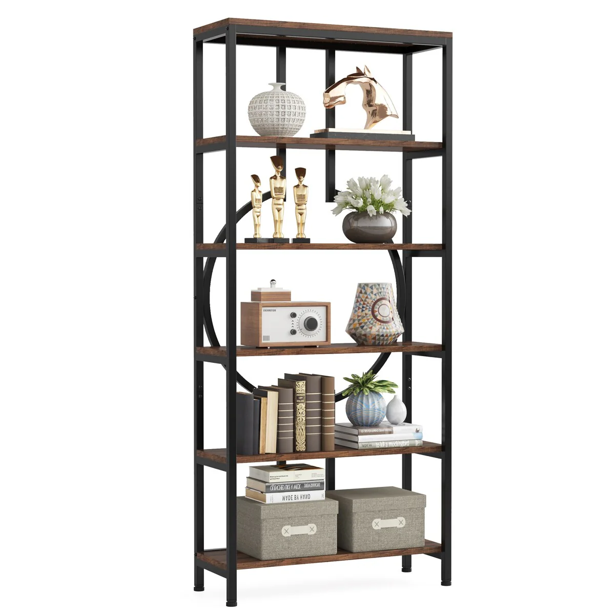 Industrial 71 Inch Bookshelf, 5-Tier Etagere Bookcase Storage Rack Display Shelf for Home and Office - Rustic Brown
