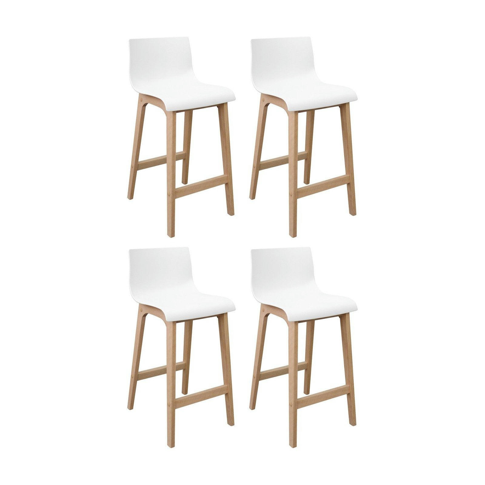 TANNA - Tabourets d'ilot 65 cm  pieds chêne assise plastique blanc - Lot de 4