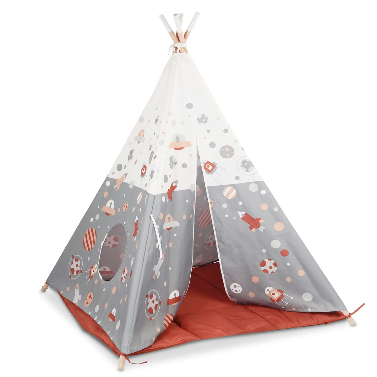 - Tente tipi pour enfant en bois naturel et polyester imperméable gris