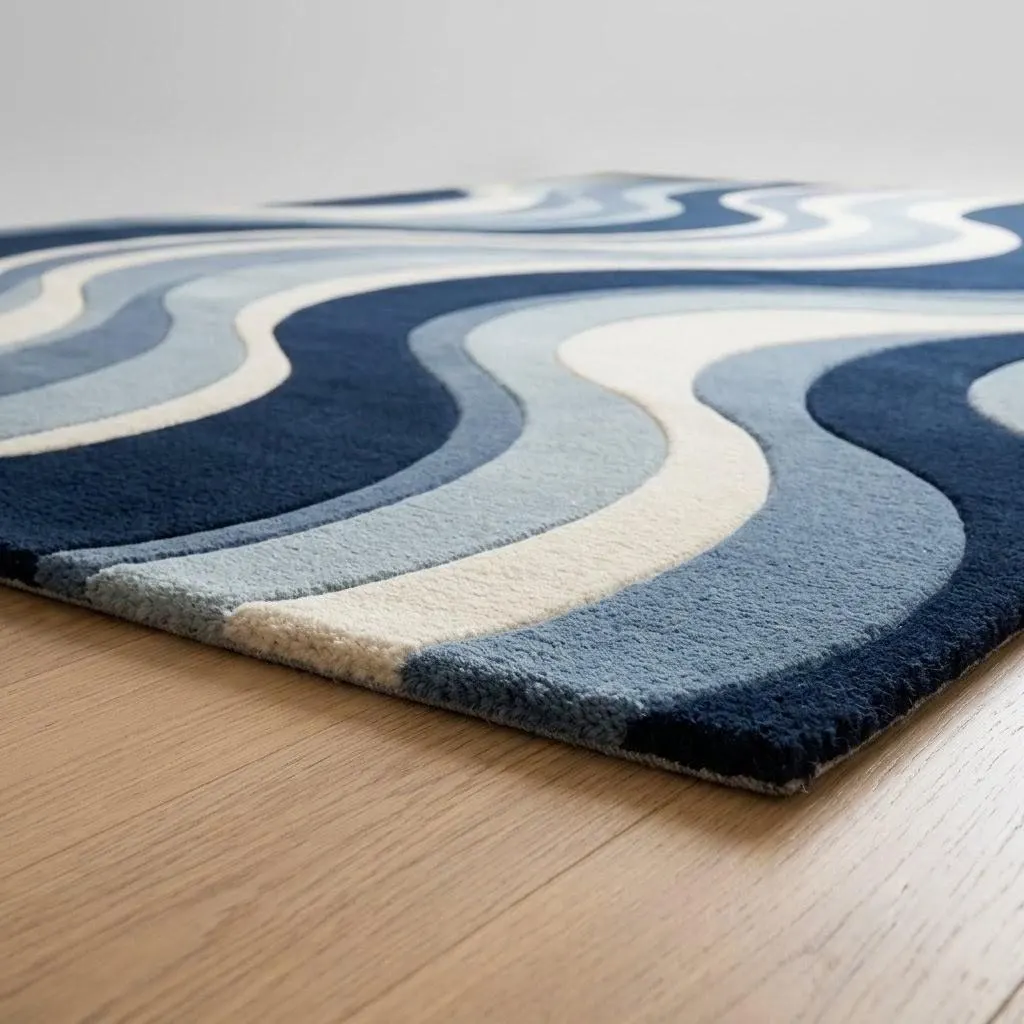 Modern Wave Area Rug, Hand-Tufted New Zealand Wool, Navy Blue Cream Abstract Carpet, Plush Luxury Living Room Decor, 8x10 9x12 Custom Sizing