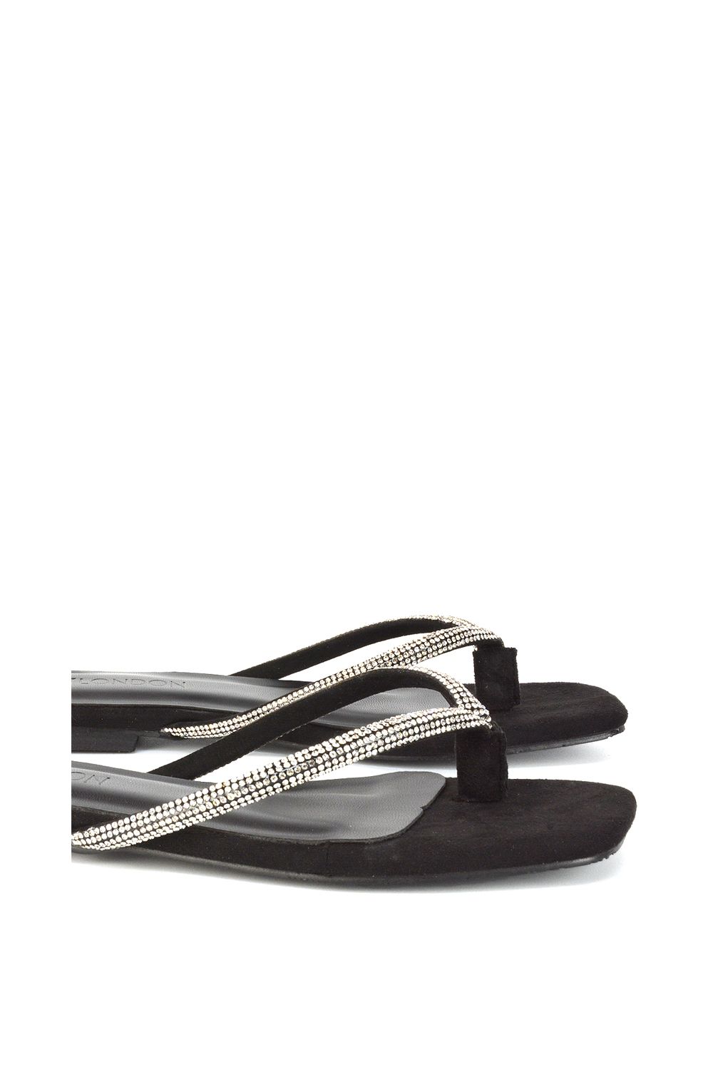 XY London Raina' Square Toe Thong Strap Flat Diamante Sandal Slides