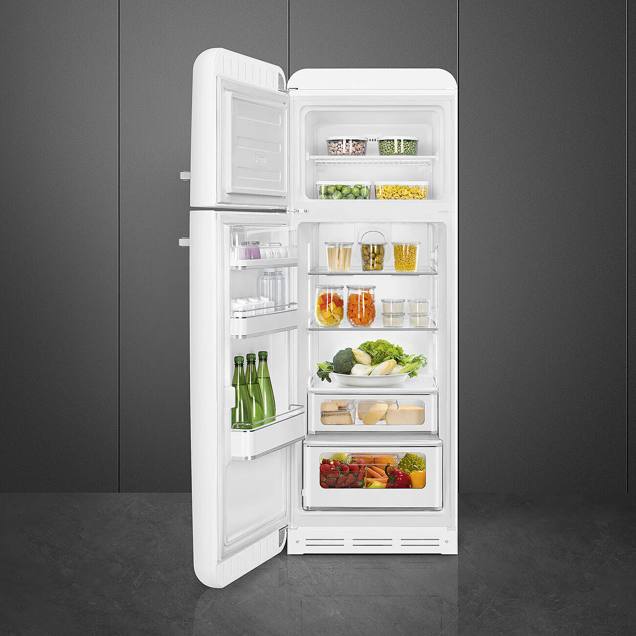 60cm 50s Style Left Hand Hinge Fridge over No Frost Freezer White