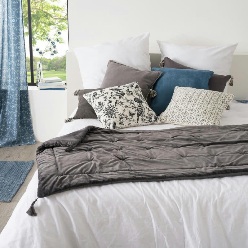 - Édredon en velours et pompons polyester/velours gris clair 80x180 cm