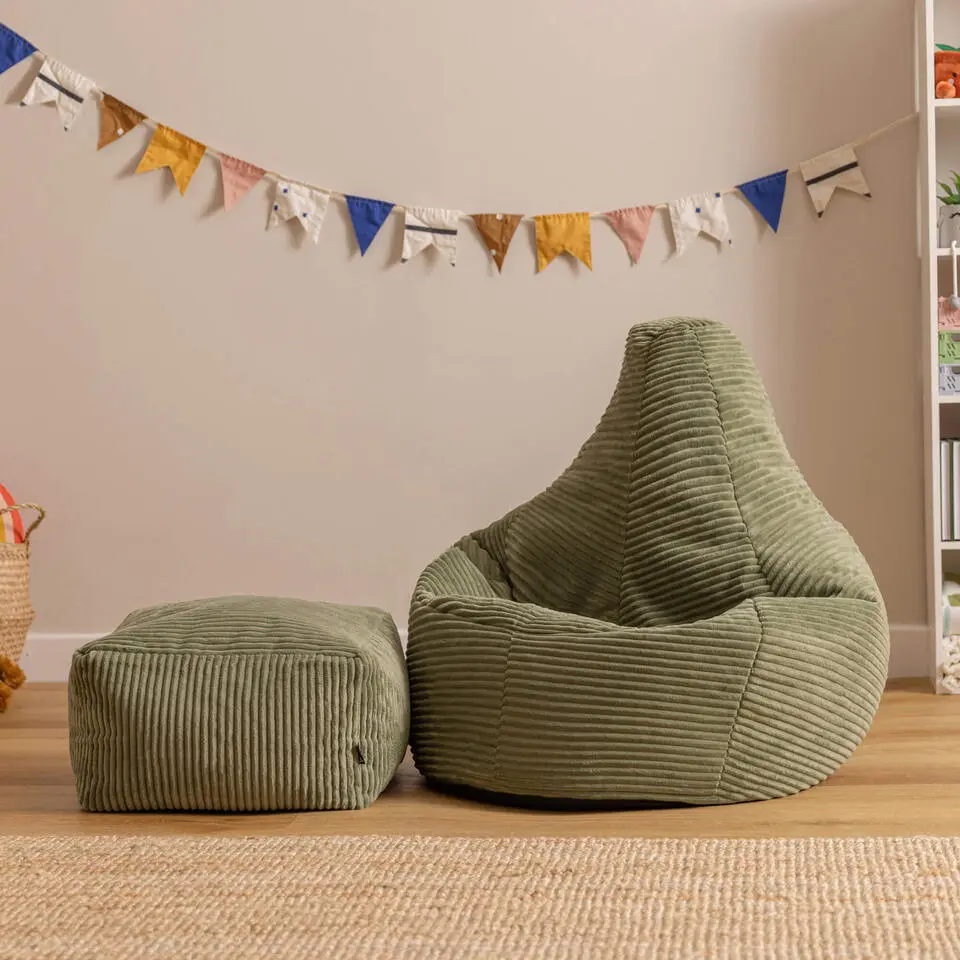 icon - Dalton Kinderzitzak Stoel met Poef - Ribfluweel - Saliegroen