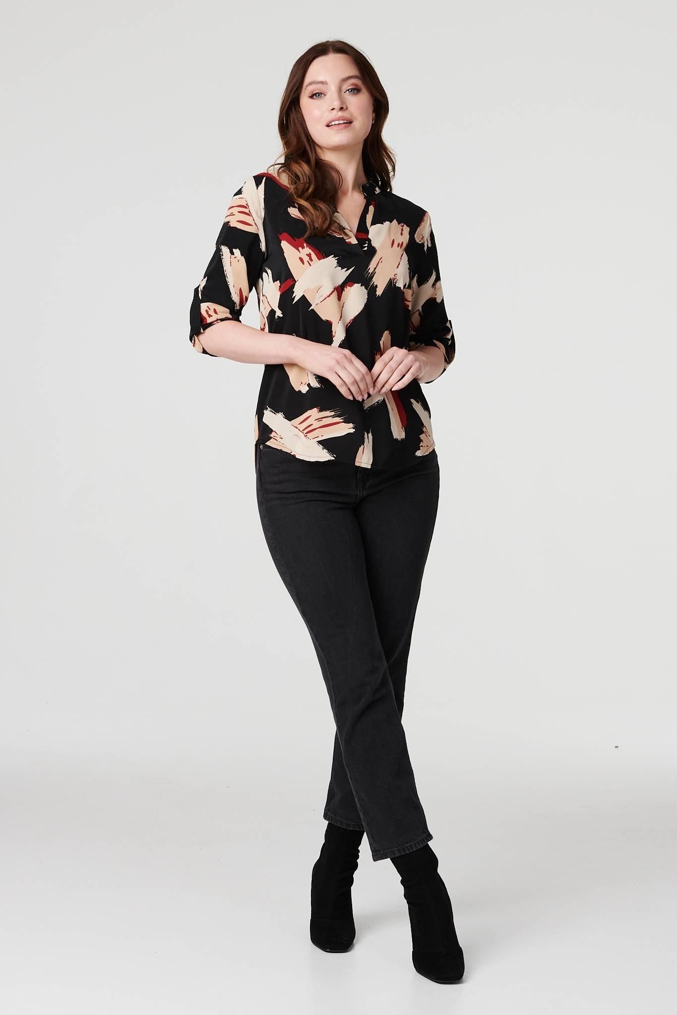 Izabel London Printed Collarless V-Neck Blouse