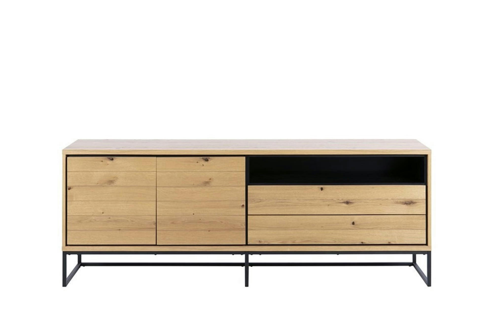 LANA - Buffet bas 2 portes 2 tiroirs en finition bois piétement métal noir