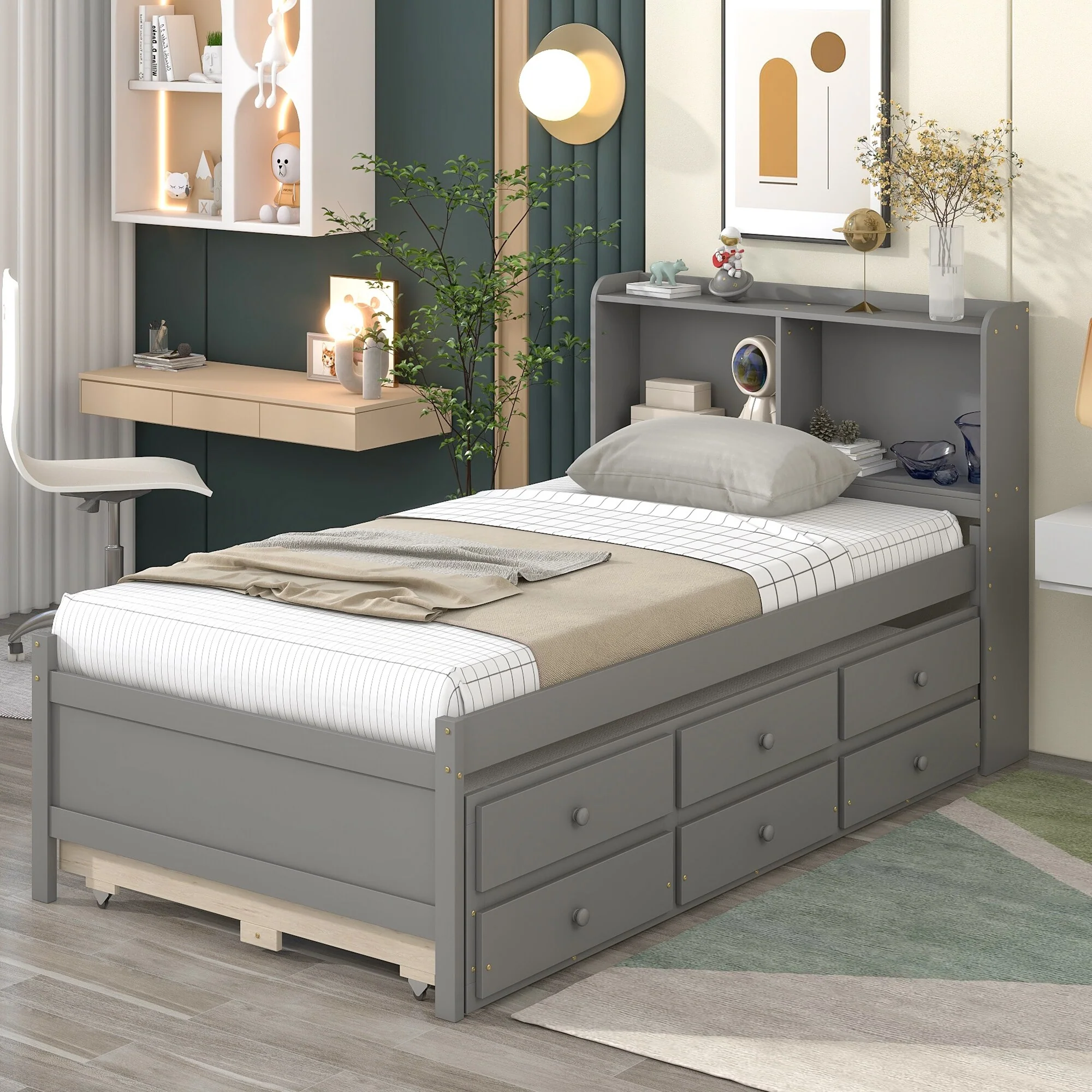 Pine Platform Bed with Storage Headboard, Trundle, and Drawers
