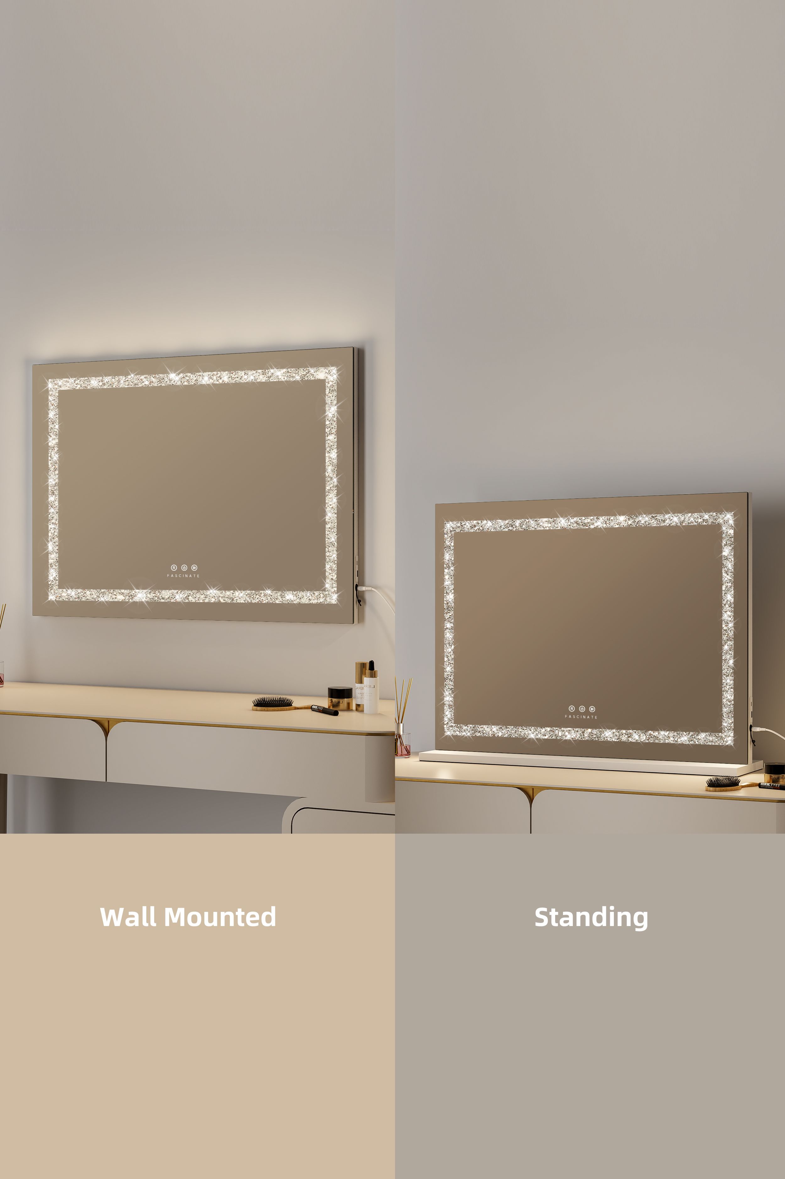 Fascinate Hollywood Vanity Makeup Mirror Crushed Diamond Strip LED Dimmable Xtra Large 80x60cm