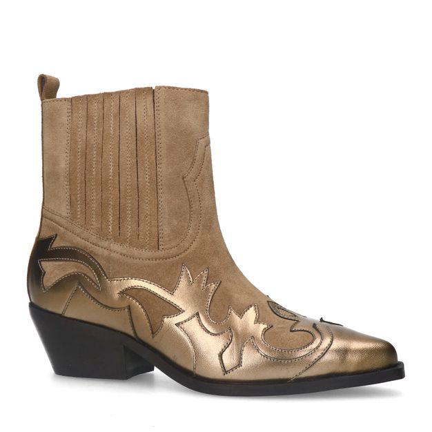 Beige suède cowboylaarsjes met bronzen details