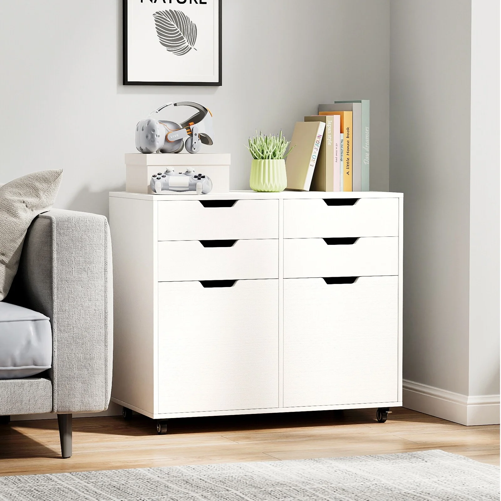 White MDF Mobile File Cabinet with 4 Drawers, Lockable Wheels and Soft-Close Doors