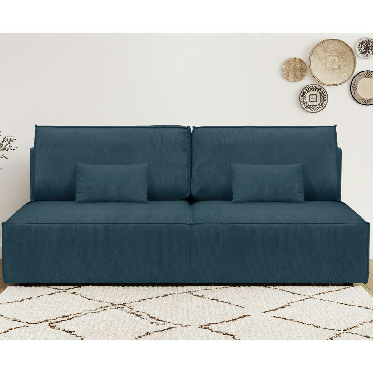 MILLA NEW - Canapé convertible 3 places avec coffre velours fines côtes bleu nuit