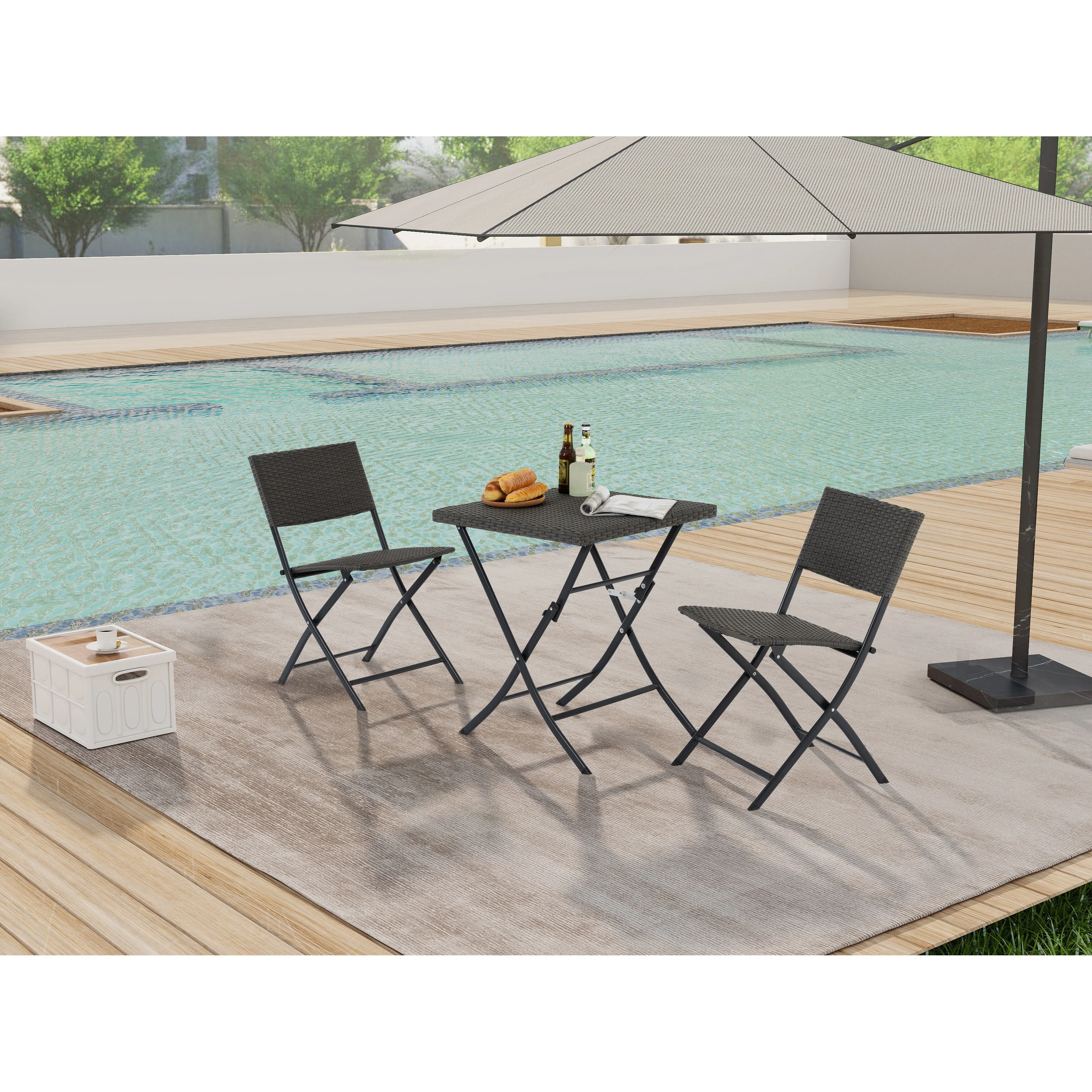 Rattan Patio Bistro Set, 3 Piece Foldable Outdoor Patio Furniture Sets, with Folding Table and Two Chairs, for Garden, B