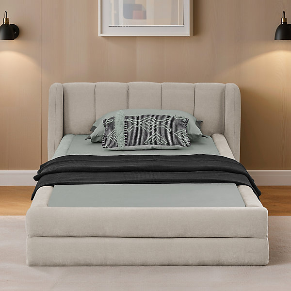 Lit Simple Capitonné 90x200 cm - avec Dossier Confortable, Revêtement en Chenille Doux, Couleur Beige - Sans Matelas