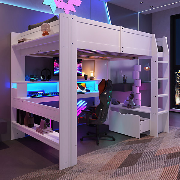 Lit mezzanine 140x200 cm - Lit avec bureau intégré et LED 16 s - Pin et MDF - Sans matelas - Blanc