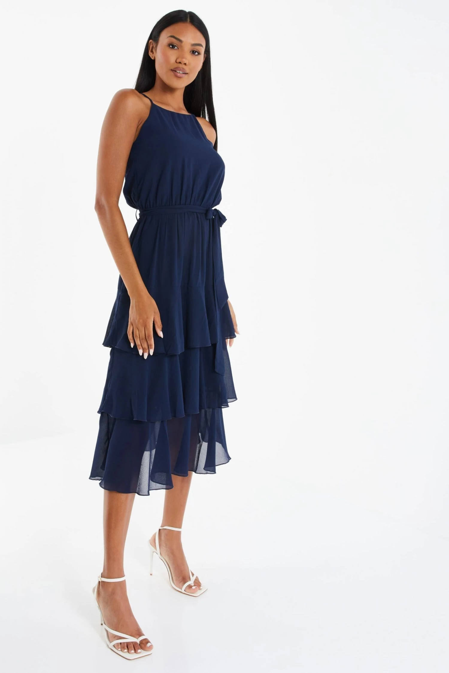 Quiz Blue Halter Neck Tiered Midaxi Dress