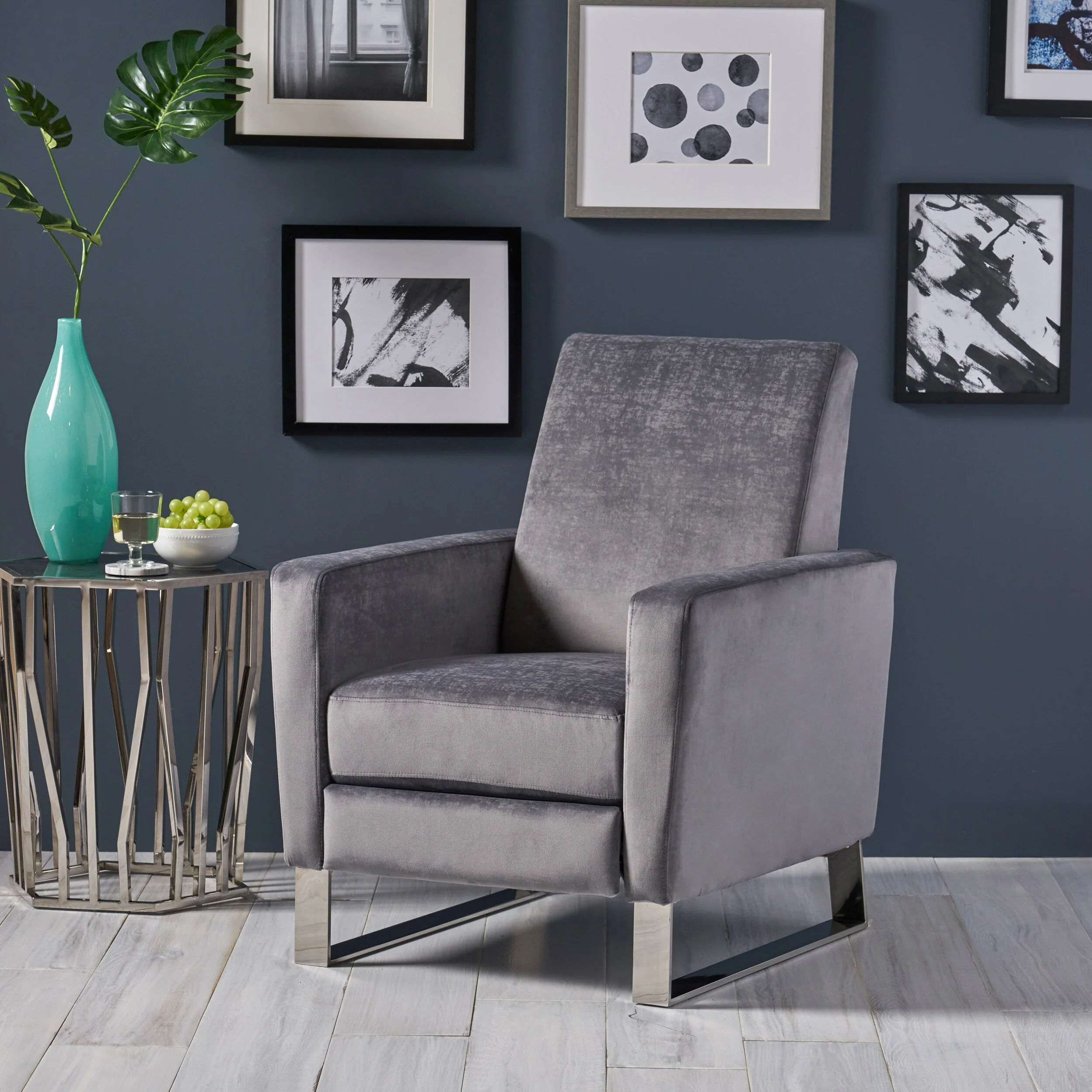 Modern Velvet Upholstered Push-Back Recliner with Footrest and Stainless Steel Legs
