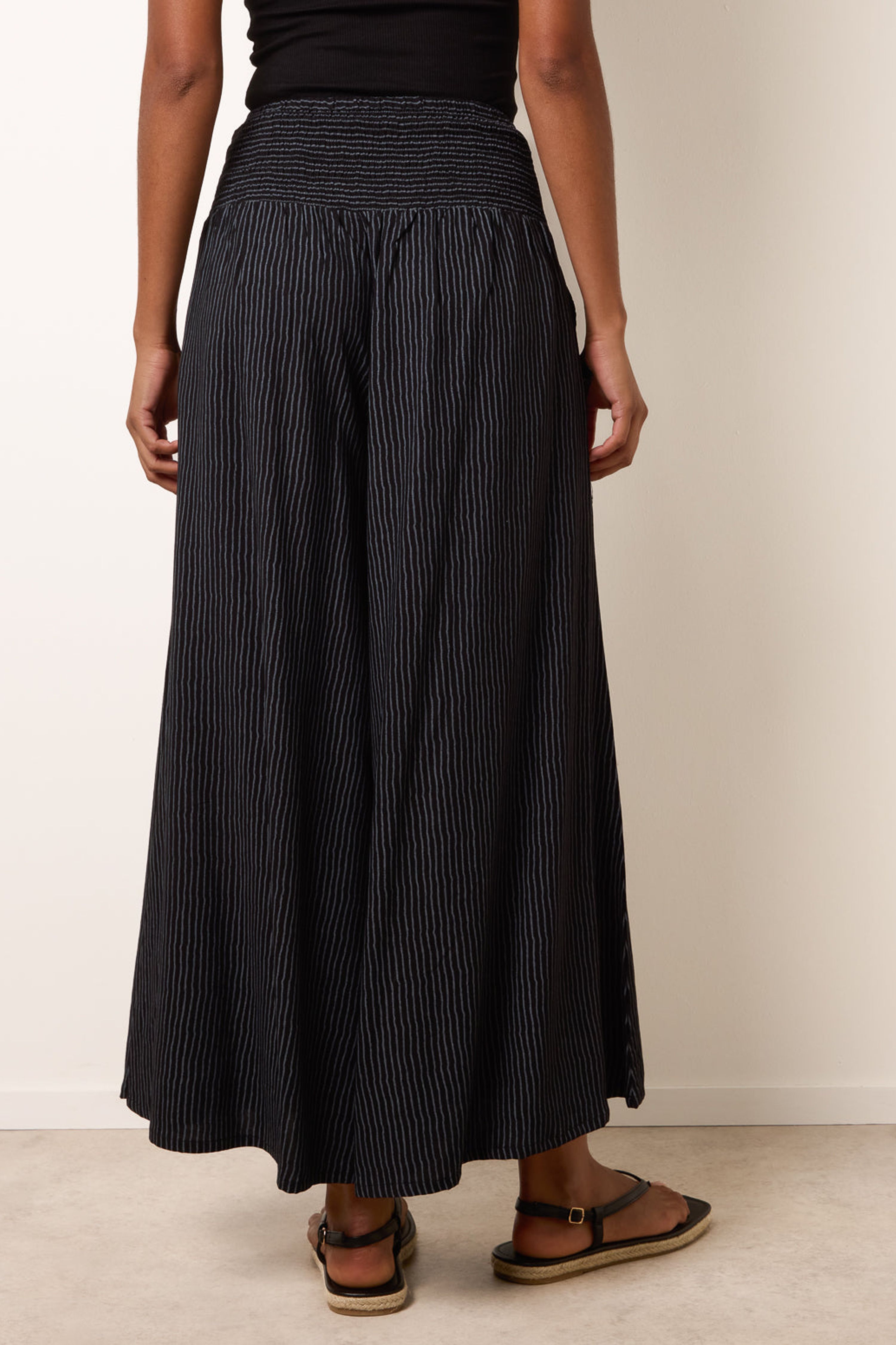 Blue Vanilla Black Wide Leg Shirred Waist Wavy Trousers