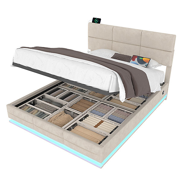 Lit velours 180x200 cm, tête réglable, USB/Type-C, LED, hydraulique, rangement XXL - beige