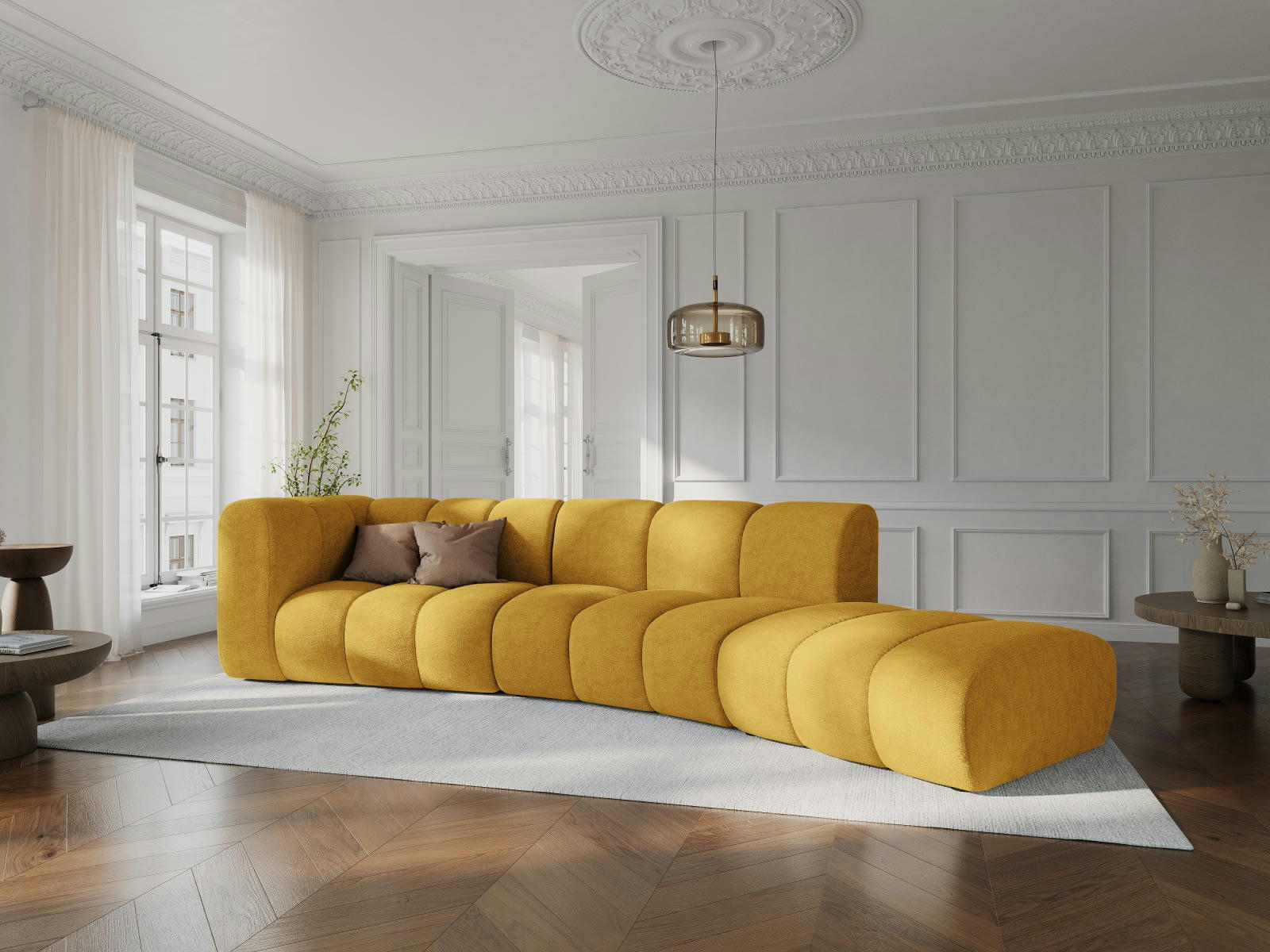 LUPINE - Canapé droit 5 places en tissu chenille jaune