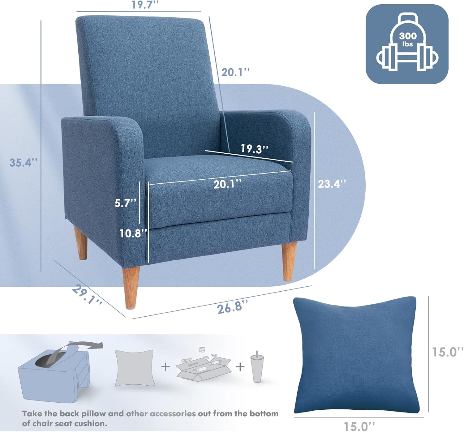 COLAMY Modern Upholstered Accent Chair Armchair with Pillow, Fabric Reading Living Room Side Chair,Single Sofa with Lounge Seat and Wood Legs, Blue