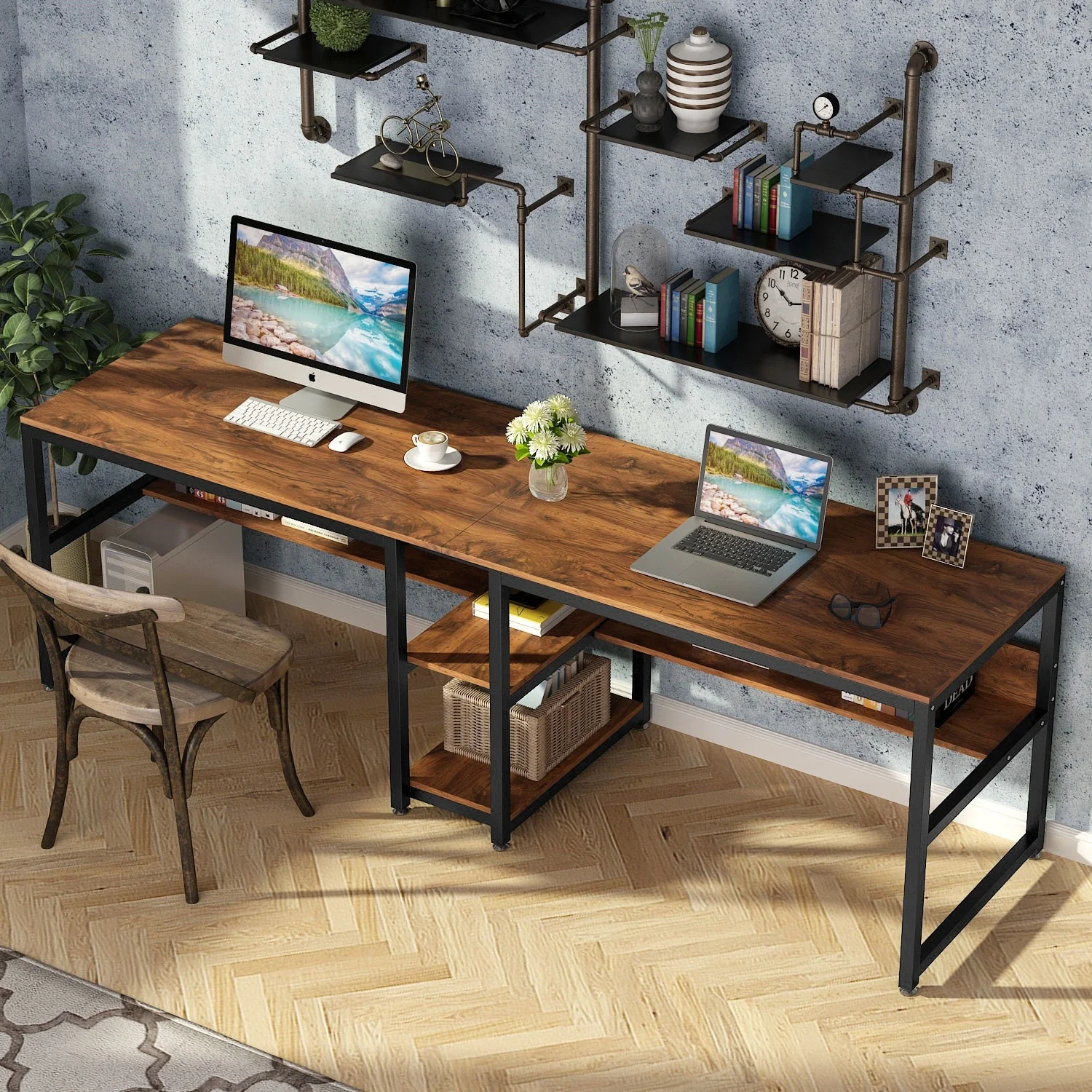 Two Person Desk with Bookshelf, Double Office Desk