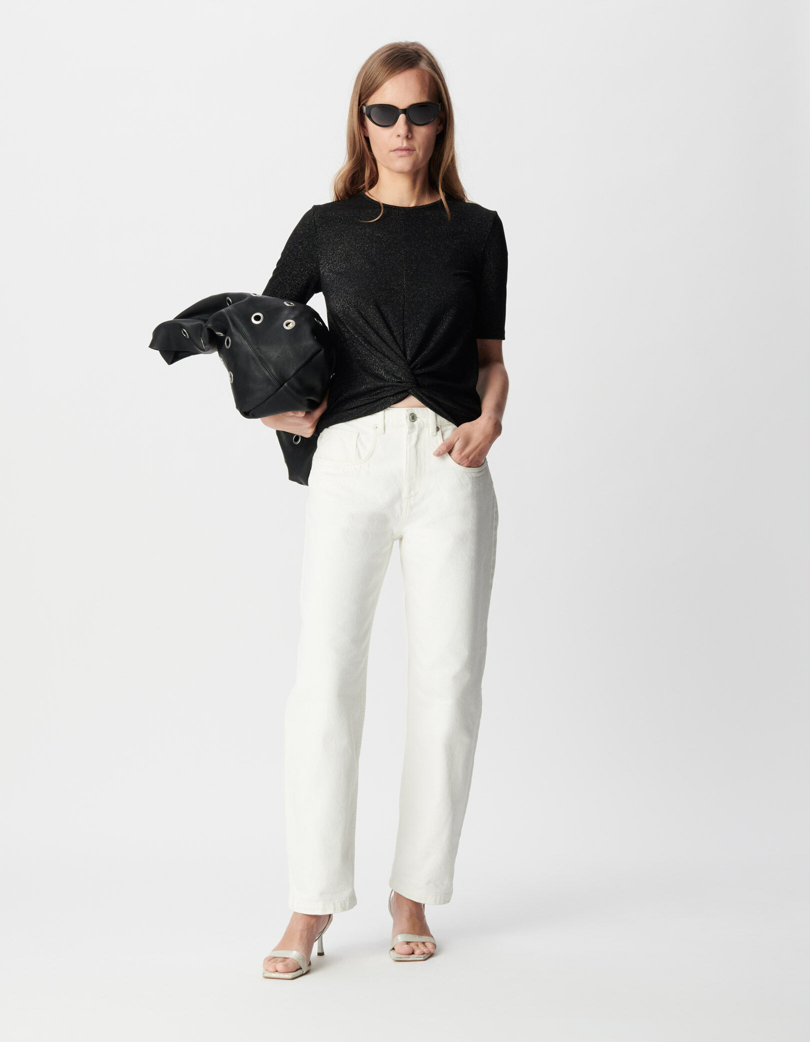 Tee-shirt noir pailleté effet drapé avec noeud Femme