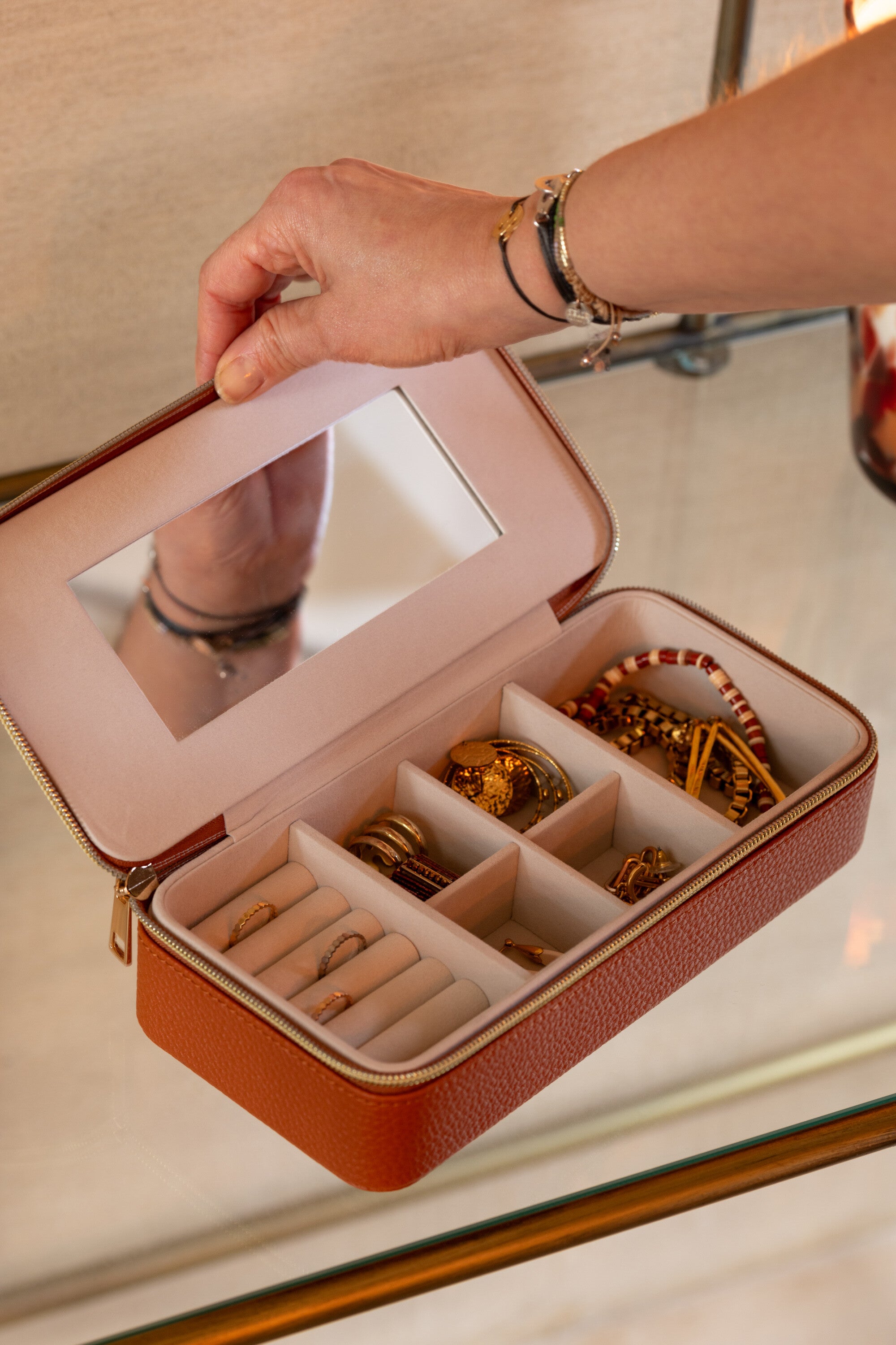 J-Line juwelendoos Rechthoek + spiegel - karton kunstleder -