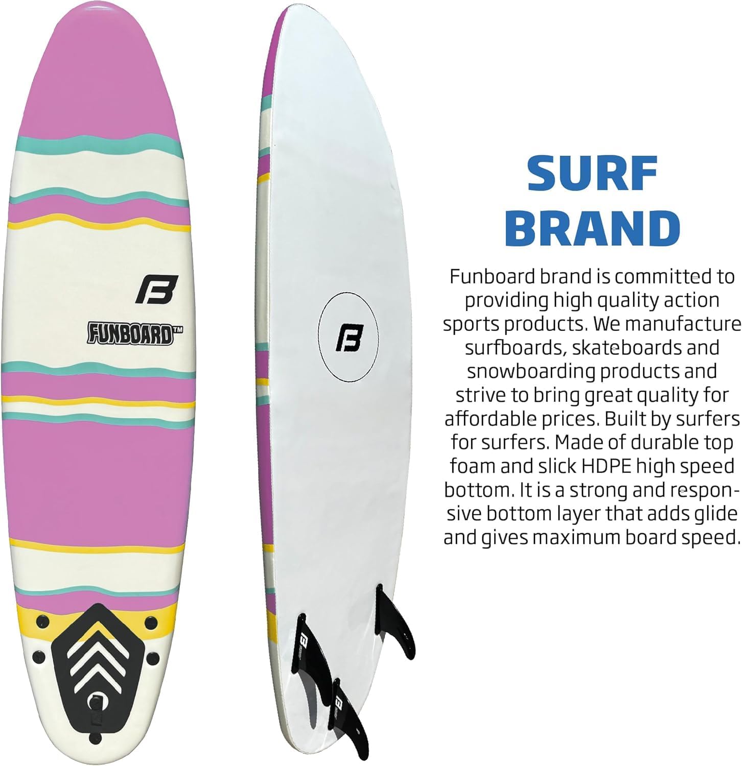 6’ FUNBOARD Surfboard Softboard Foam - Include (3) Fins 6’ Foot Leash and (2) Wood Stringers - Kids and Adults Beginner Intermediate