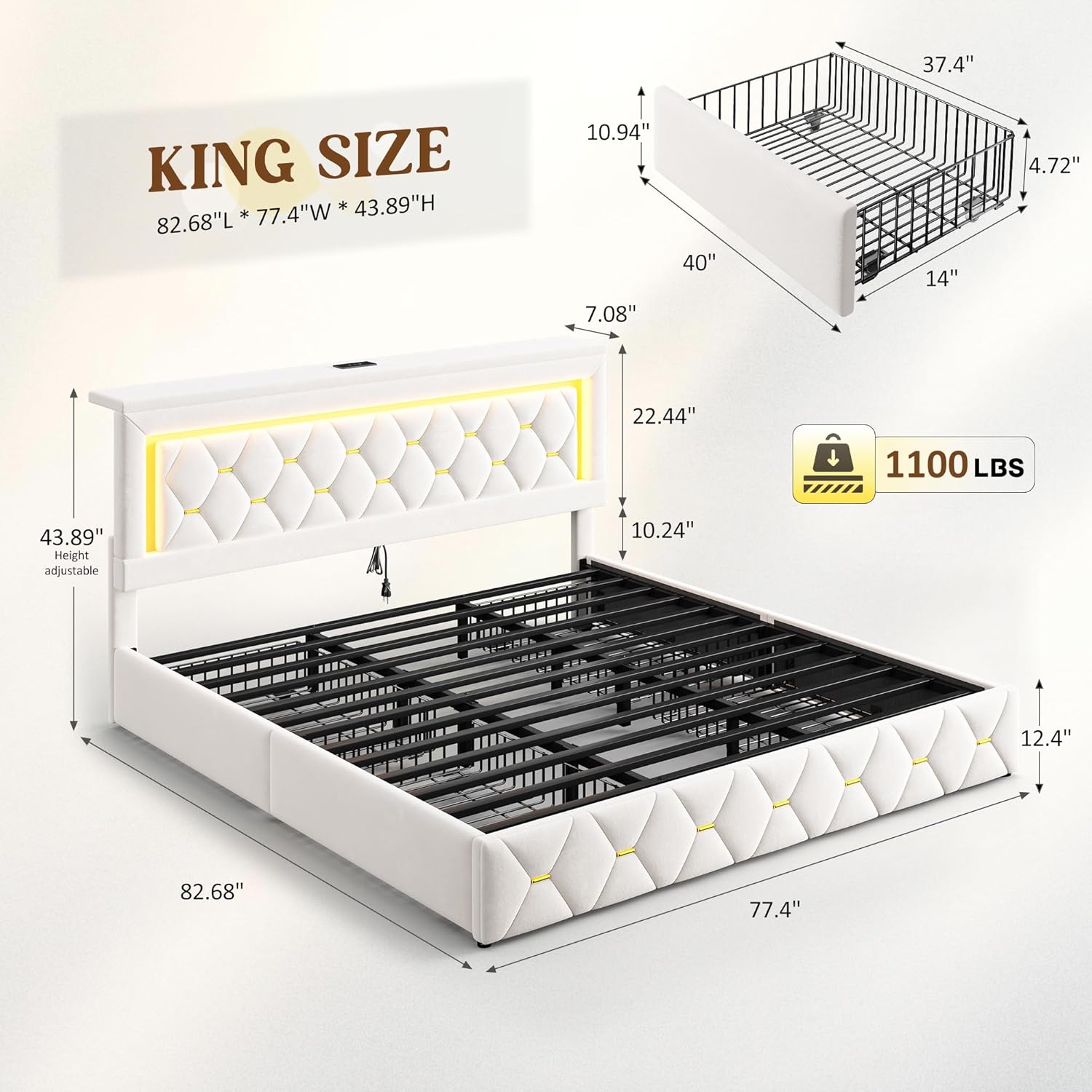 King Size Bed Frame with 4 Storage Drawers & LED Lights, Velvet Bed Frame with Charging Station, Wooden Slats, No Box Spring Needed, Beige