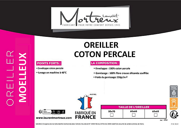 Lot De 2 Oreillers Moelleux Coton Percale - 65 x 65 - 31154
